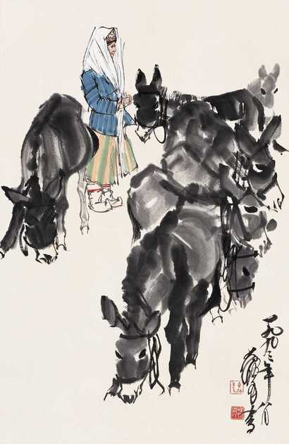黄胄 1993年作 牧驴 镜心